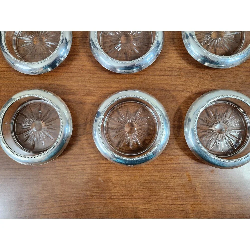Vintage Set 6 Frank M. Whiting & Co Sterling Silver Glass Coasters #05 Starburst